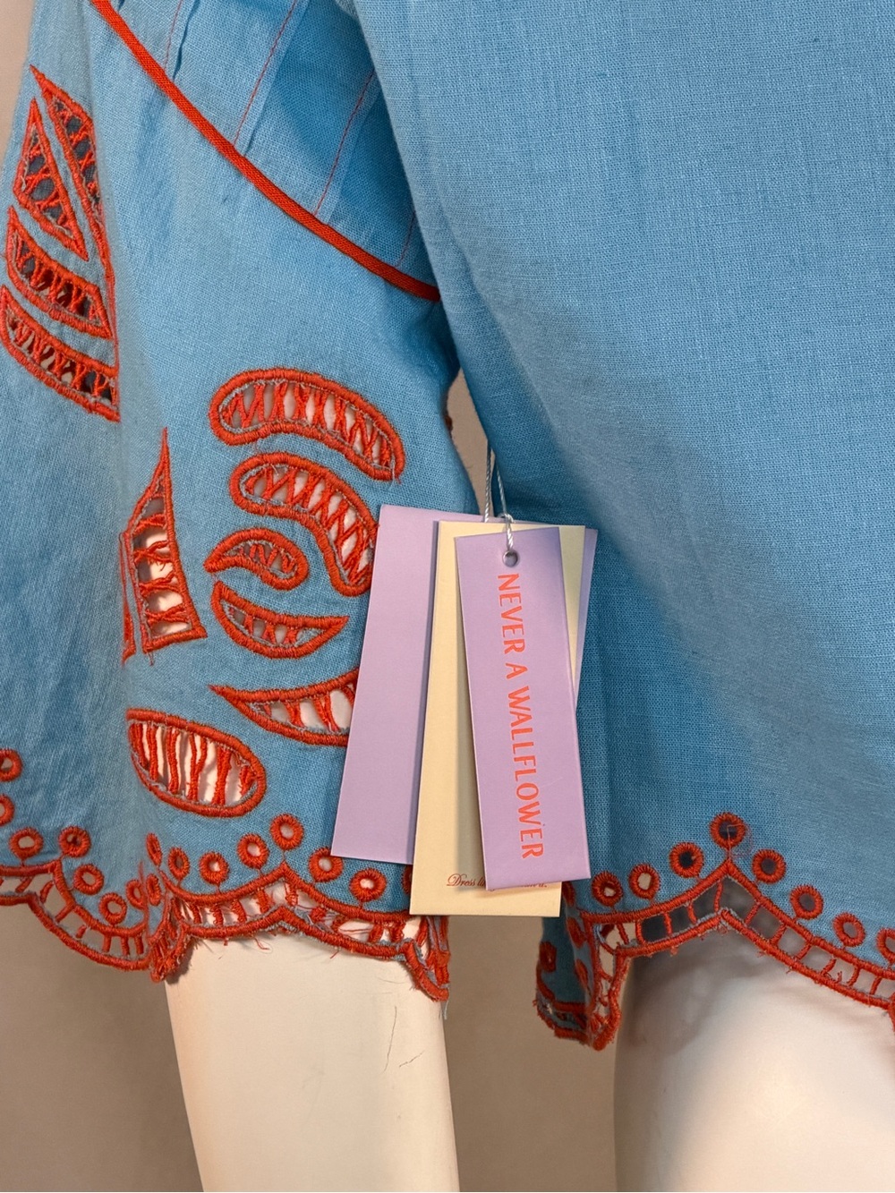 Never A Wallflower Embroidered Light Blue Cropped Top with orange Trim - Picture 11 of 15
